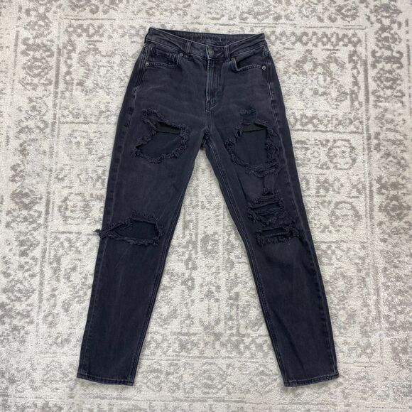 American Eagle Mom Jeans Women's Dark Wash Distressed Black Denim Size 2 Regular - Picture 1 of 7